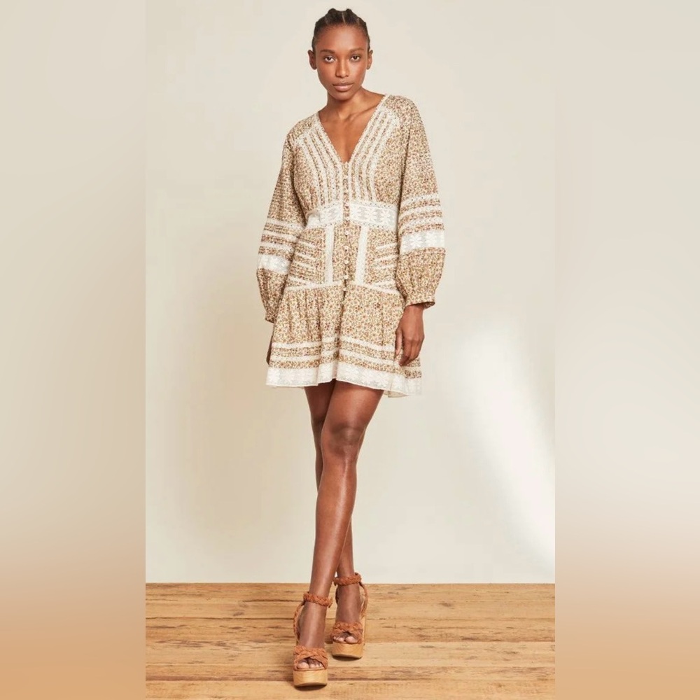 Veronica Beard Addilyn Floral Crochet Peasant Mini Dress in Stone Multi, Size 4